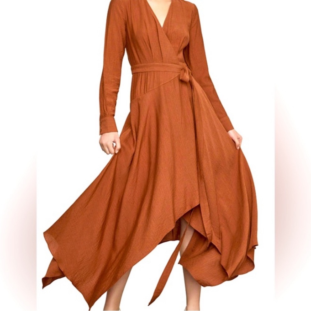 BCBGMAXAZRIA "Carmen" Handkerchief Wrap
Casual Maxi Dress in Rust